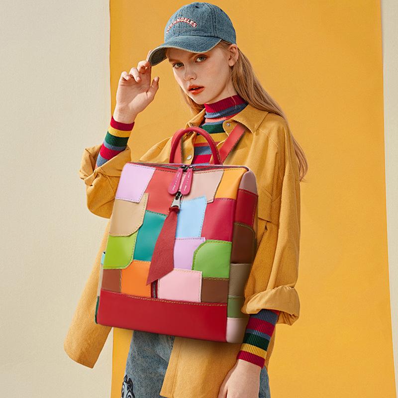 The New Korean Style Soft Leather Color Bag with Patchwork Features A Fashionable and Multi Functional Large Capacity Schoolbag and A Casual Backpack