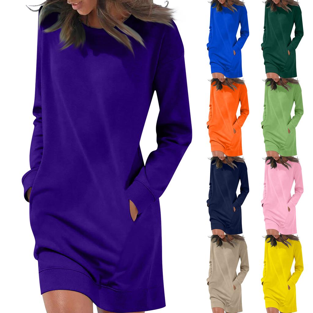 Vestito Casual da Donna a Maniche Lunghe con Girocollo e Tasche Multicolore