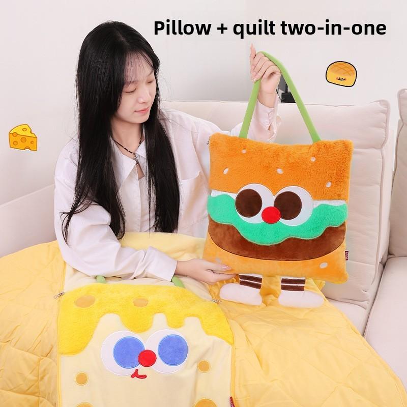 Cartoon Hamburger Embroidered Pillow Blanket With Plush Cover For Kids And Car Travel Comfort