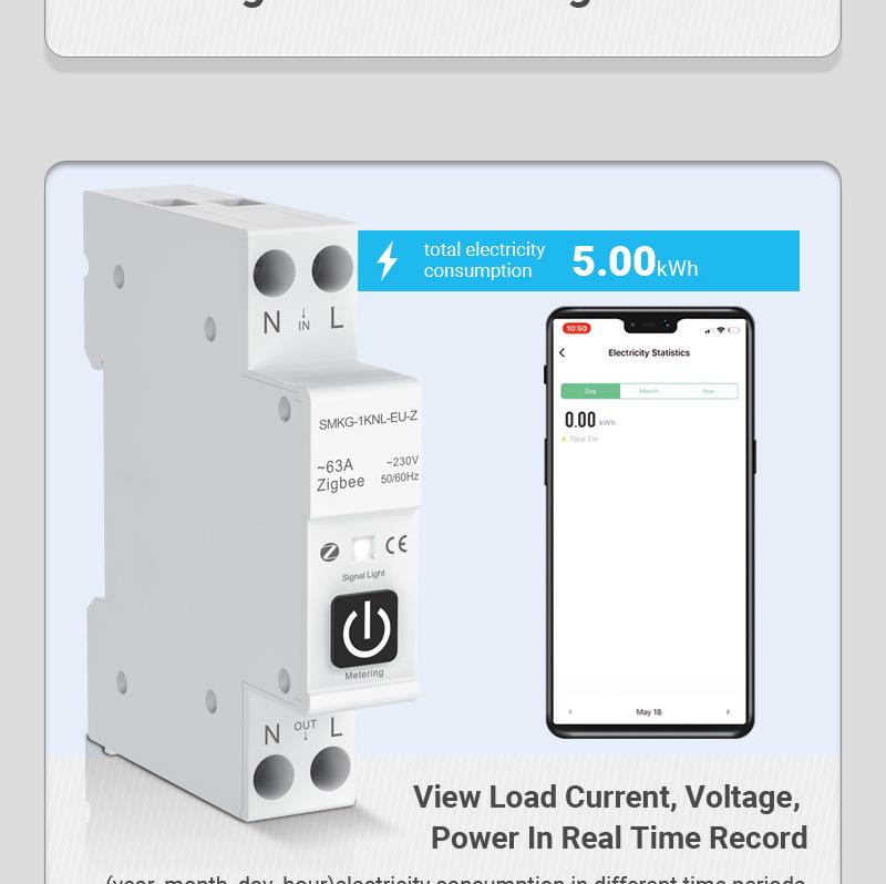 ZigBee Tuya Smart Circuit Breaker with Remote Control, Timer, Metering, Overcurrent and Overvoltage Protection, and Alarm.