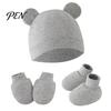 Minimalist Baby Outfit Newborn Hat Gloves And Booties Set, Cotton Infant Bear Ears Anti Scratch Care Gift Set Mittens & Foot Protectors for