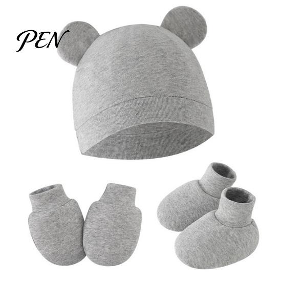Minimalist Baby Outfit Newborn Hat Gloves And Booties Set, Cotton Infant Bear Ears Anti Scratch Care Gift Set Mittens & Foot Protectors for