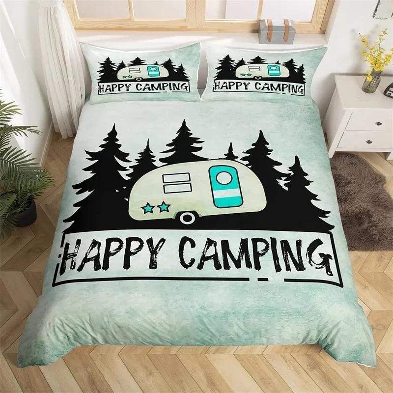 God camping Dynetrekk Queen Tegneserie Campingvogn Campingsengesett Gårdshusstil 3D Bobil Dynetrekk med putetrekk