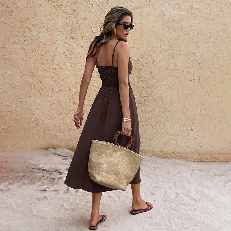 Summer New Style Dress - V-neck Halter Top Long Dress in Solid Color with Backless Design for Beach Vacation Style for Women