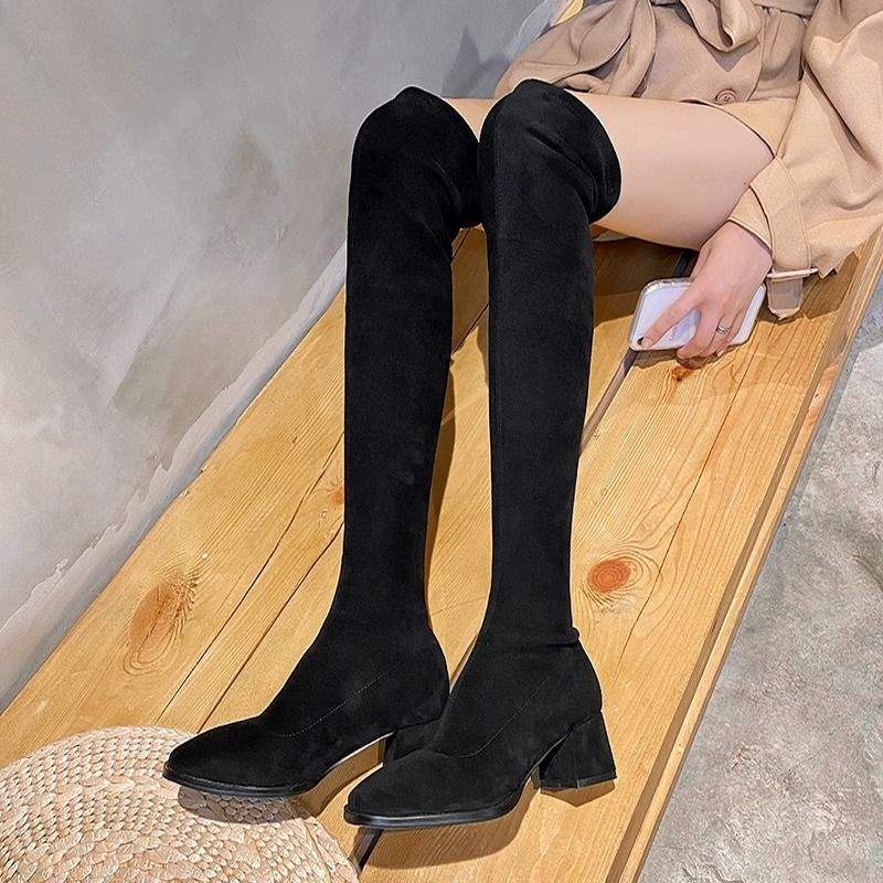

Сапоги 2025 новые сапоги женские весенне-осенние на среднем каблуке облегающие высокие сапоги толстый каблук сапоги до колена хаки большой размер 35 чёрный