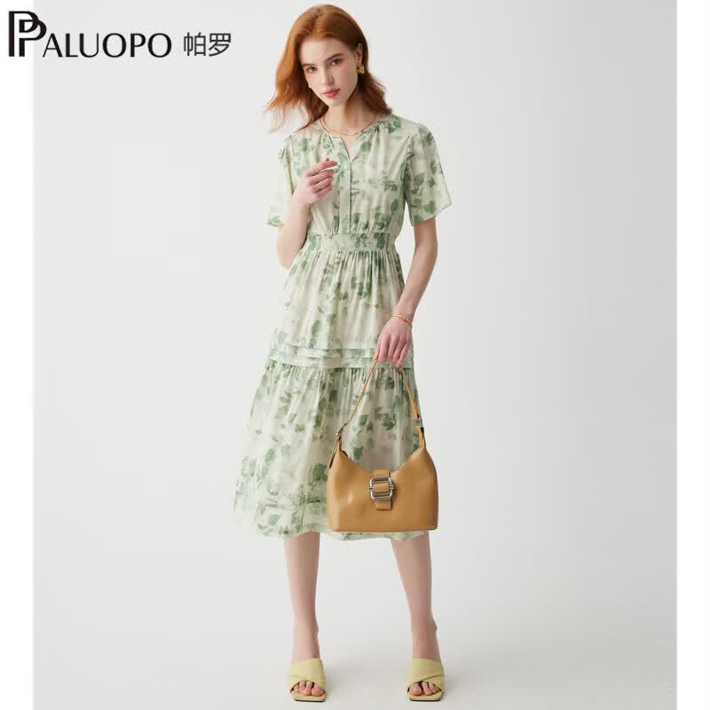 PALUOPO Elegant Floral V-Neck Silk A-Line Dress