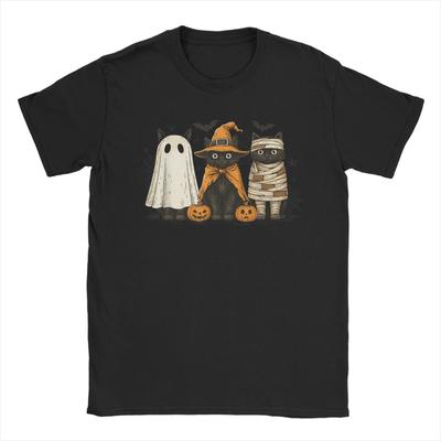 Men T-Shirt Retro Black Cat Witch Scary Halloween Pumpkin Novelty Pure Cotton Tees Short Sleeve  T Shirts Clothes Printing