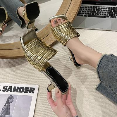 Sandales à talons hauts épais pour femmes Printemps Été 2025, pantoufles à strass brillants à bout carré, sandalias pour femmes, chaussures d'extérieur pour les vacances à la plage