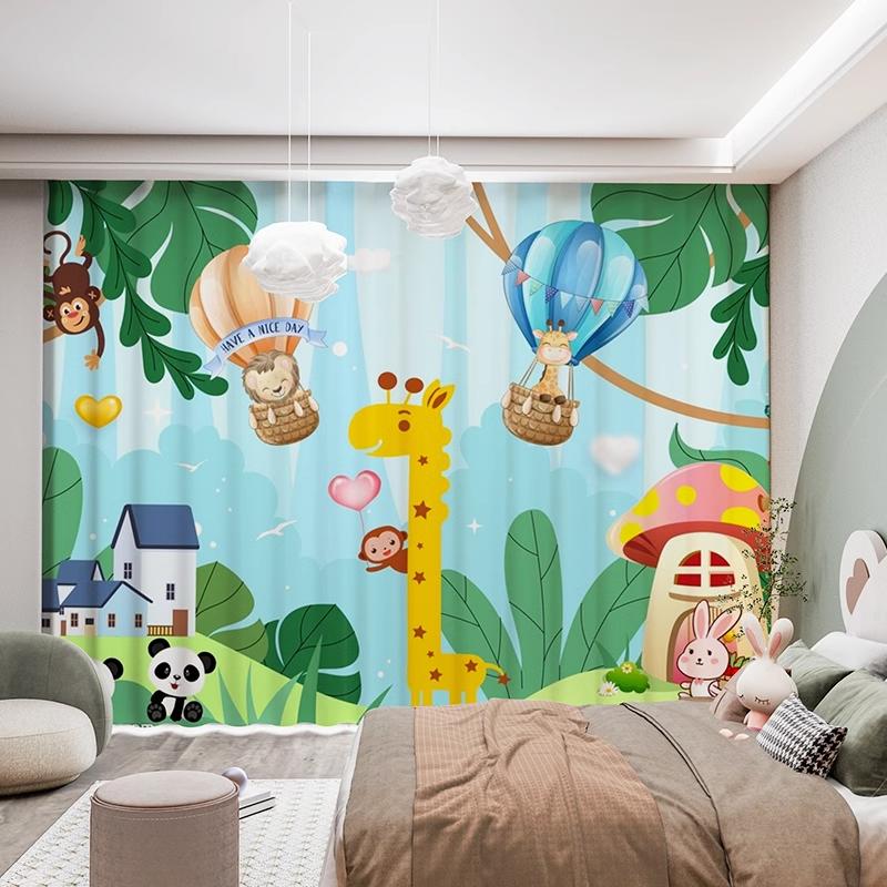 2Pcs Modern Simple Cartoon Cute Animals Bear Rabbit Star Ocean Star Boy Children's Room Decor Semi Blackout Curtain Grommet Top