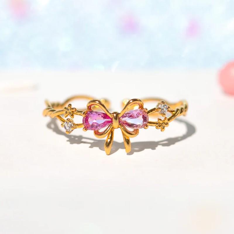 

Exquisite Pink Zircon Bow Ring for Women Female Gold Color Flower Shining Crystal Open Ring Birthday Party Zircon Luxury Gifts
