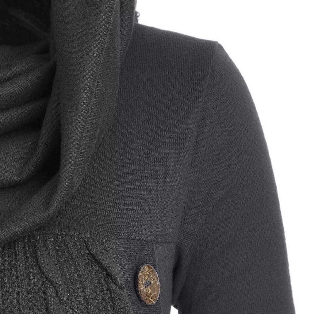 Women's Plus Size High Neck Hooded Knit Sweater with Button Detail