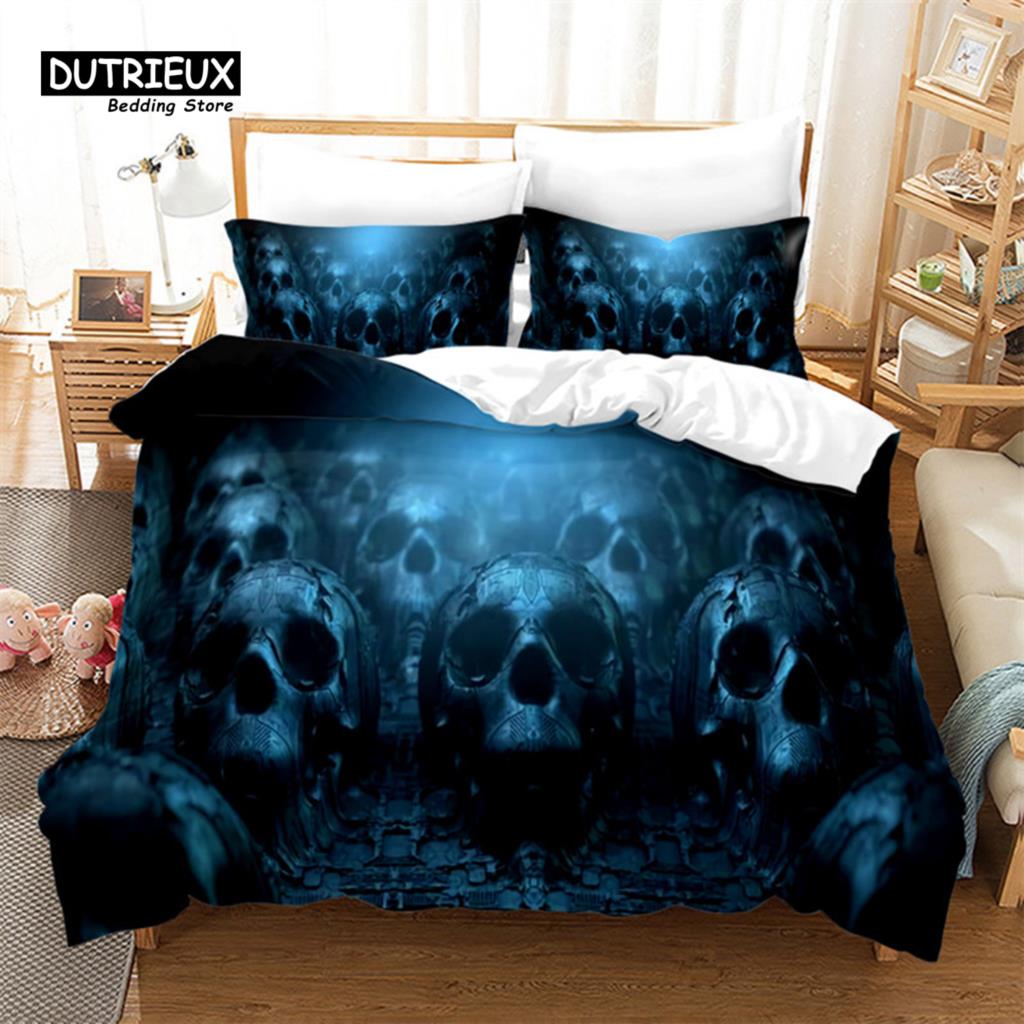 Skull Duvet Cover Microfiber Horror Theme Bedding Set Grunge Scary Skulls Sketchy Graveyard Death Evil Face Full Comforter Cover