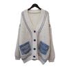 Splicing denim pocket knitted cardigan autumn and winter new loose lazy style temperament sweater jacket women
