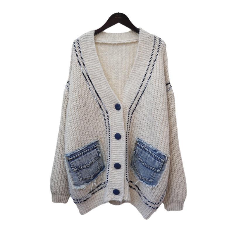 Splicing denim pocket knitted cardigan autumn and winter new loose lazy style temperament sweater jacket women