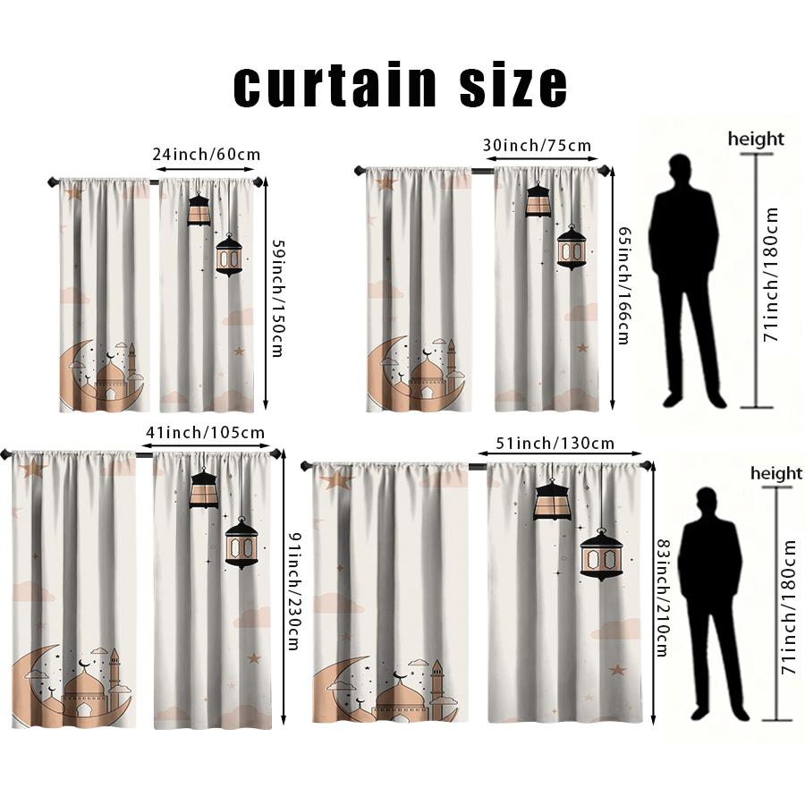 2pcs Pastel Moon Mosque & Lantern Curtains Flat Print Islamic Festival Design Sheer Light-Filtering Fabric Eid Ramadan Window