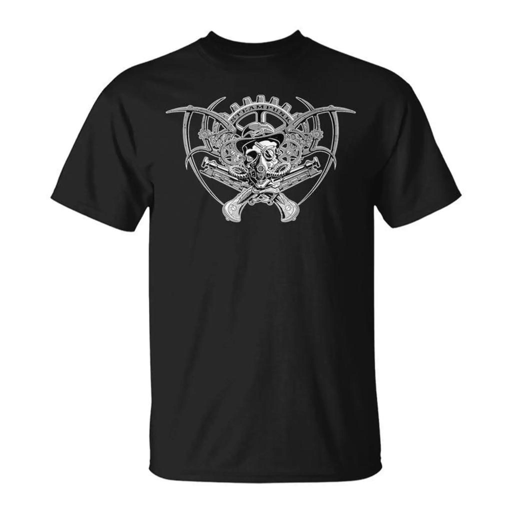 Skull Steampunk With Hat Goggles Gears Vintage Gothic T Shirt Monsterry Vintage Washed Graphic Fashion Stretched Homme Casual
