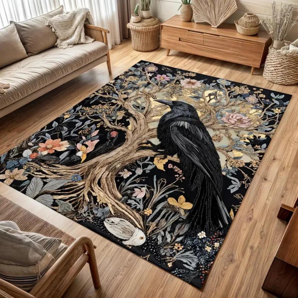 Floraler Baum Rabe Bereichsteppich Schwarzer Hintergrund Kunstteppich Böhmisches Wohnzimmer Schlafzimmer Dekorative Bodenmatte