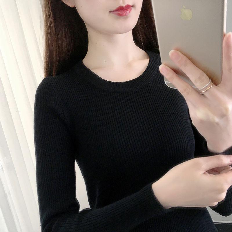 Women's Long Sleeve Knit Top Crew Neck Elegant Sweater Slim Fit Solid Color Undershirt