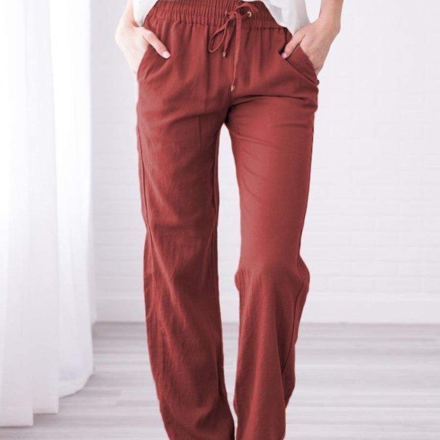 

Женские повседневные хлопковые и льняные однотонные длинные прямые брюки с эластичной резинкой на талии XXL красный