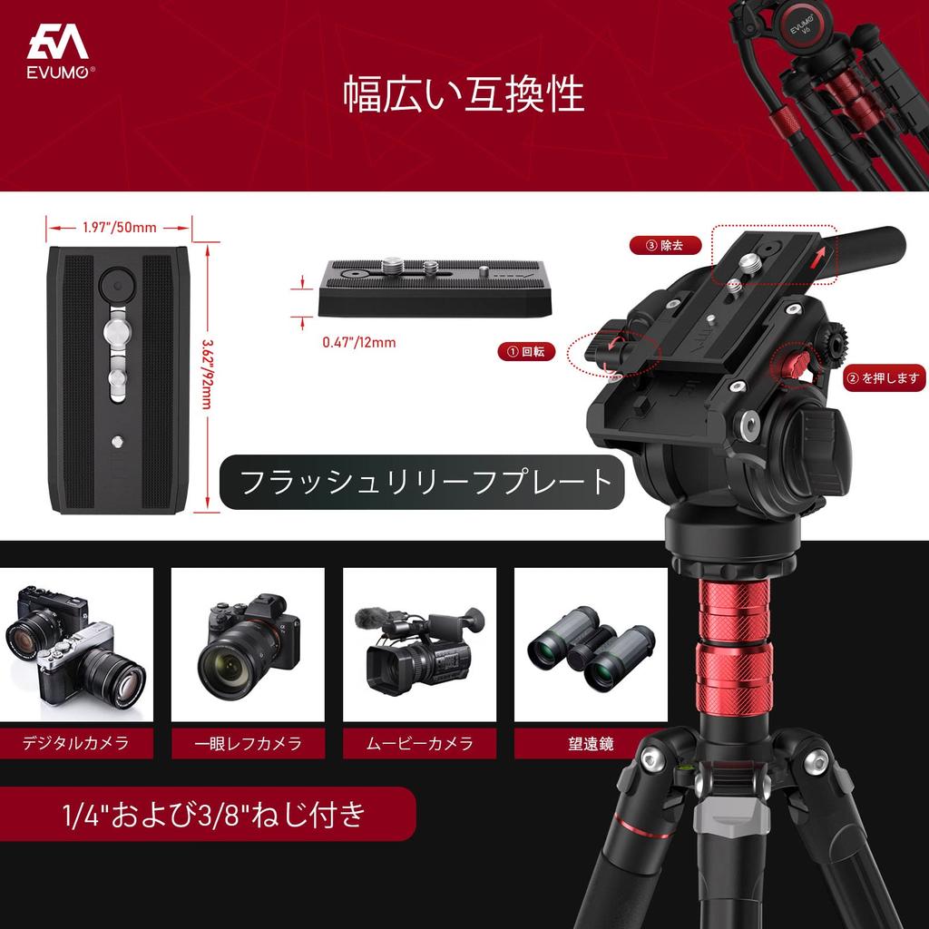 EVUMO GF4 Camera Tripod with Fluid Video 200cm Aluminum Alloy Video Tripod Monopod with Smartphone Holder Suitable for Maximum 12kg Head, SLR,
