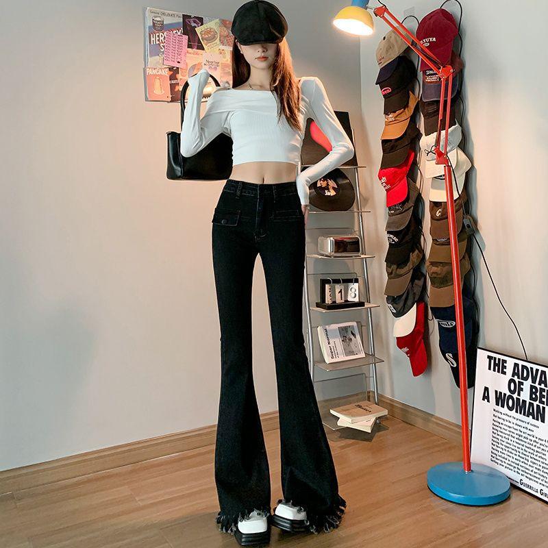 Black Furrowed Jeans for Women In Spring and Autumn New High-waisted Slim Slim Tassel Mopping Bell-bottom Pants