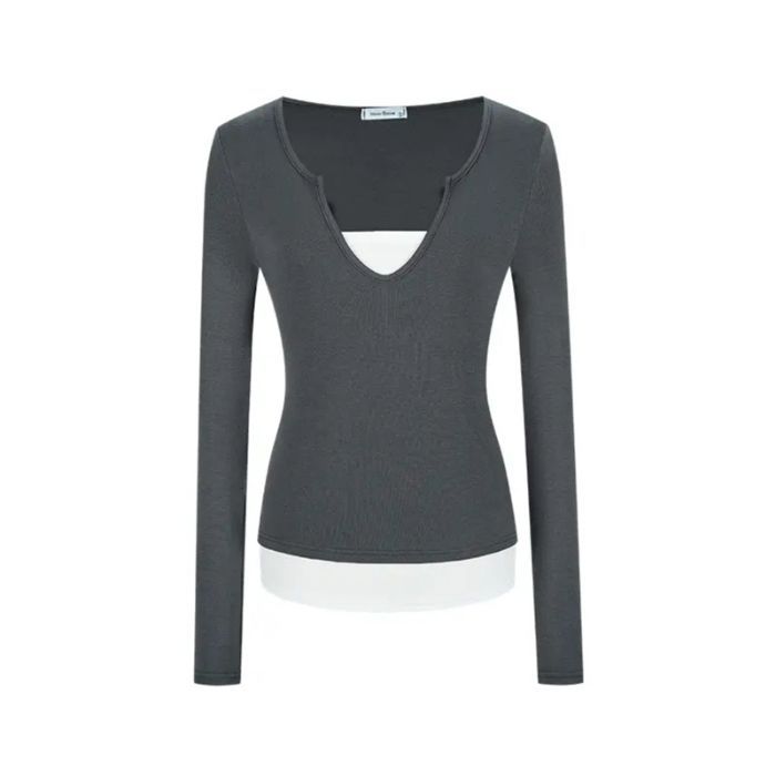 

Американська нова ретро футболка з довгим рукавом, імітація двійки, жіноча, весняно-осіння, з дизайнерським сенсом, поєднана, контрастного кольору, приталена XL сірий колір