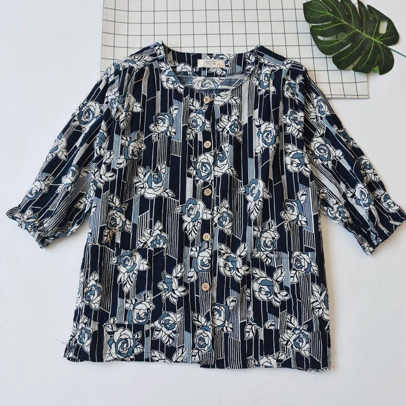 

Japanese Single Women s Woven Pure Cotton Printed Homewear Pajamas Tops Summer Thin round Neck Shirt with Half Sleeve Can Be Outwear Cardigan Figure 3 M-L