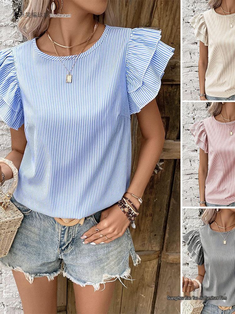 2026 European & American Summer Women's Striped Ruffle Sleeve Top