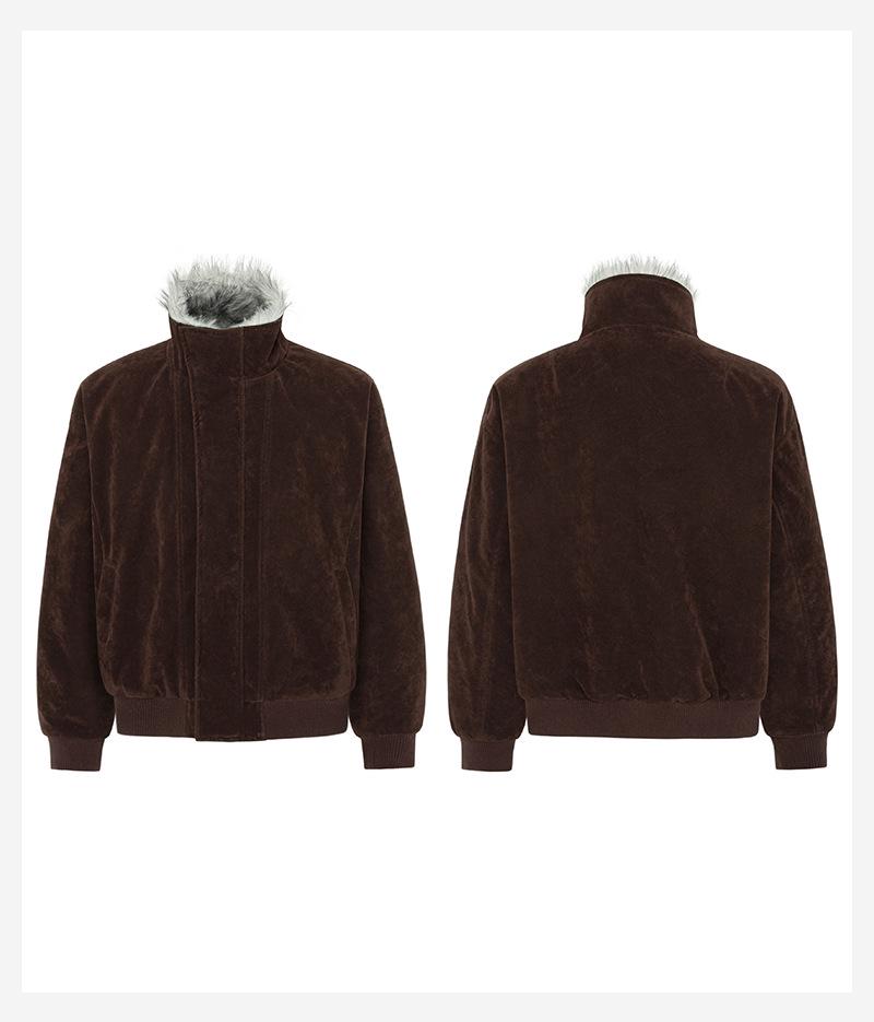 Unisex Winter Hunting Jacket: Wolf & Eagle Design, Thick Velvet & Cotton, Asymmetrical Lapel, Suede Accent, Stand Collar.