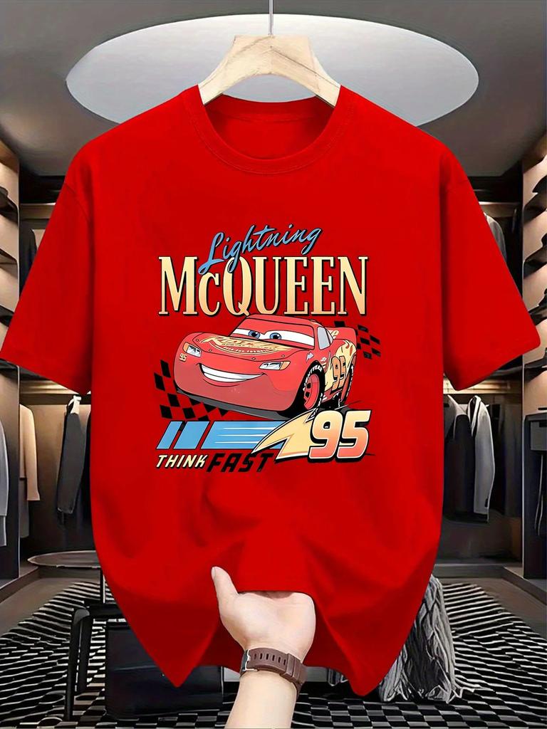 Disney Bil Blixten McQueen Herr T-shirt, Ren Bomull Kortärmad Ledig och Bekväm Streetwear T-shirt