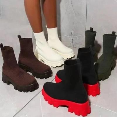 Mode Damstövlar Platåstövlar för Höst Vinter Skor Slip on Platåskor Dam Ankelstövlar Vita Klackar Korta Botas Mujer 1902