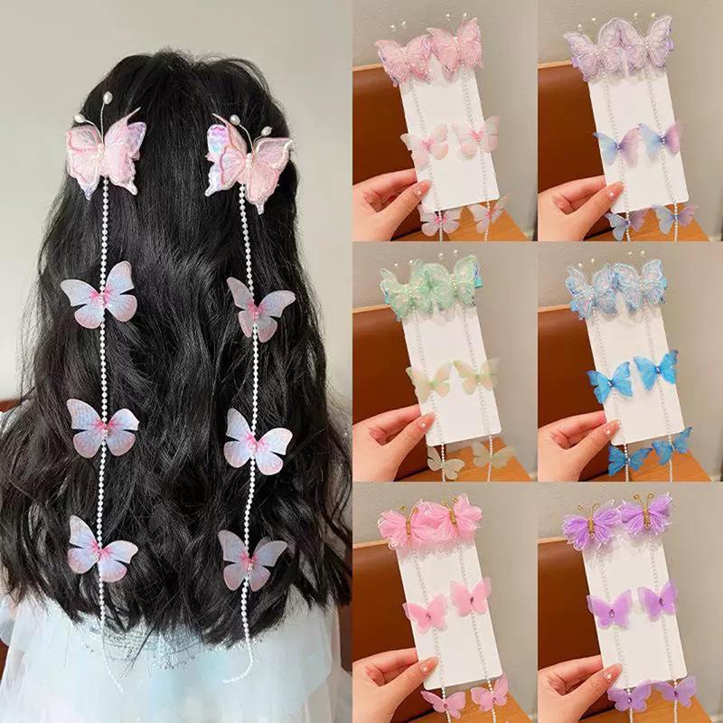 2 Pezzi Pinze per Capelli a Forma di Farfalla in Garza per Bambine Principesse Spille per Capelli con Nappa di Perle e Treccia Dolci Accessori per Capelli per Feste di Bambini