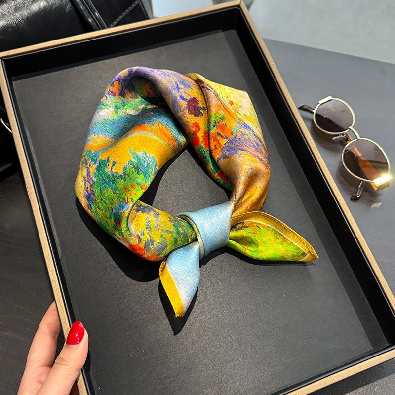 Pastoral fashion niche 111% mulberry silk plant flower print silk scarf women's professional wear decorative silk square scarf