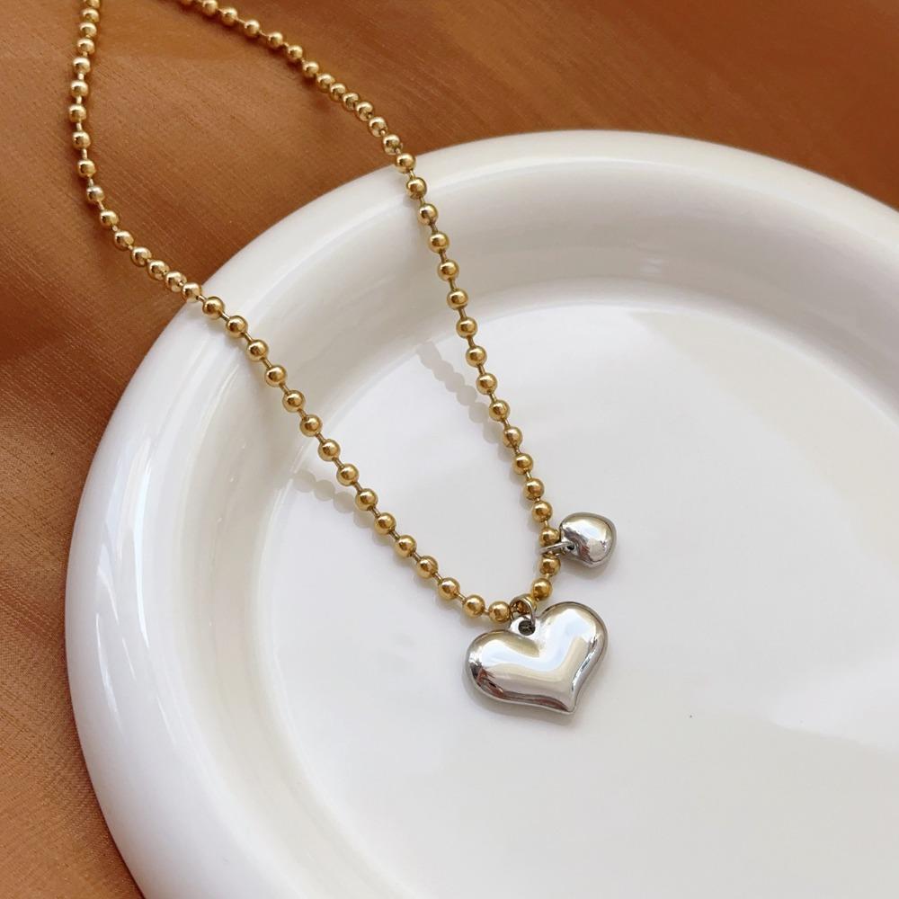 Dual Tone Heart Shaped Pendant Necklace Heart Shaped Beaded Necklace Collarbone Necklace  For Women
