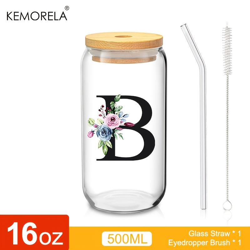 1 STÜCK 24 Buchstaben Glas Trinkbecher mit Bambusdeckel Strohhalm Individuelle Eiskaffeetasse 470ML Klares Mason Jar Bier Smoothie Cocktail