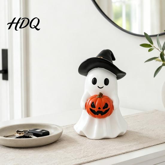 Spooky Table Centerpiece Halloween Ghost Figurine, Cute Resin Holding Pumpkin Unique Seasonal Ornament Statue for Desk Tabletop Indoor Home