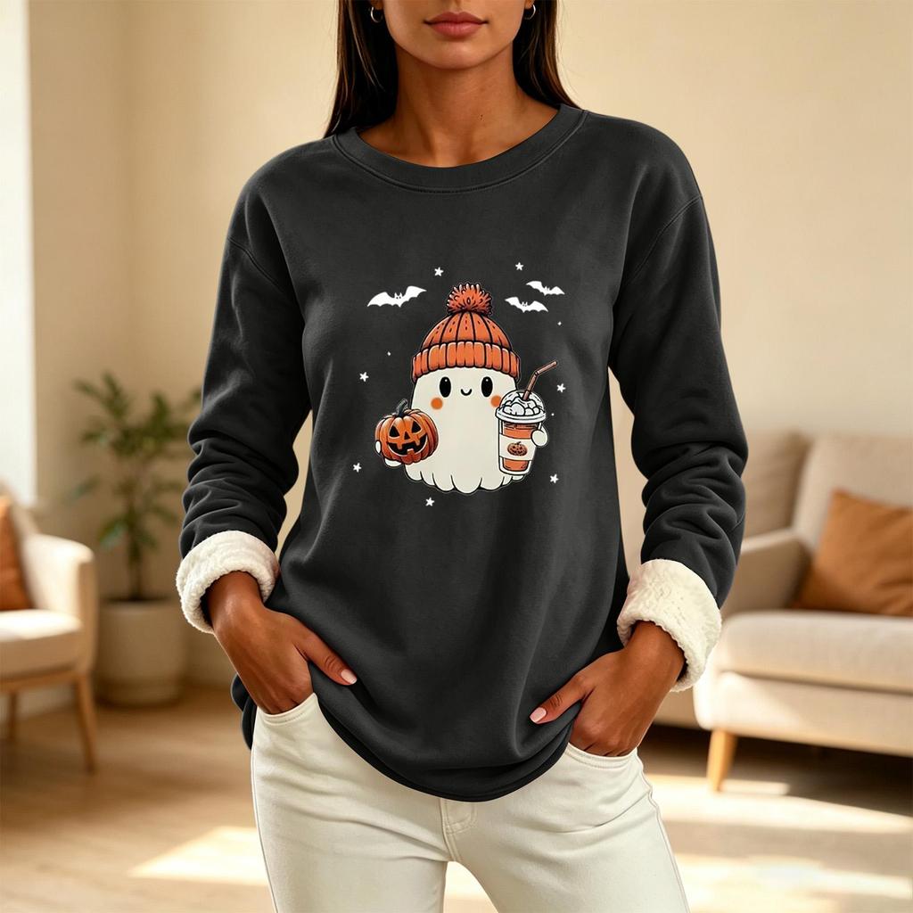 Women's Halloween -Lined Long Sleeve Round Neck Print Casual Winter Top