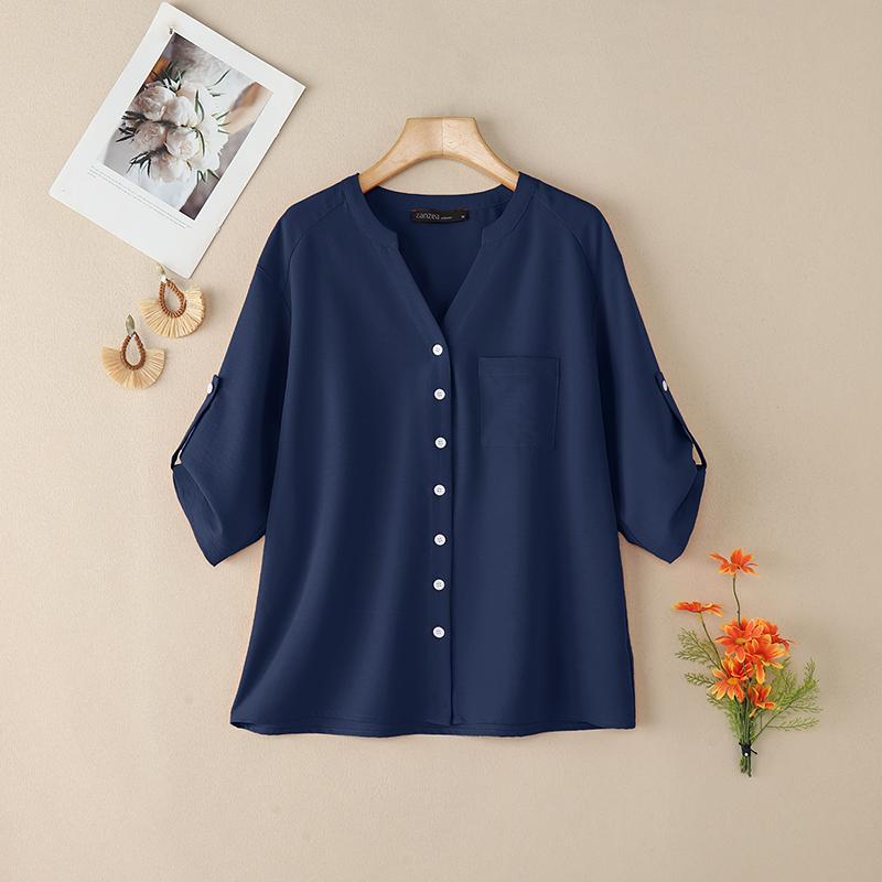 ZANZEA Lässige Bluse mit V-Ausschnitt und einfarbigen, lockeren Halbarm-Shirts für Damen