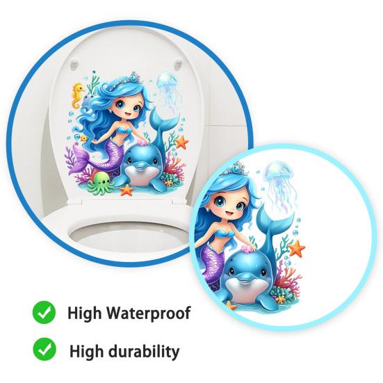 Toilet Sticker, Traceless Tear-Off Design Waterproof PVC Decal, Self-Adhesive Ocean Mermaid Pattern Bathroom Sticker with Dolphins Jellyfish Seahorses