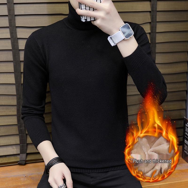 Men's Solid Color High Neck Thickened Knit Sweater - Cozy Autumn/Winter Base Layer