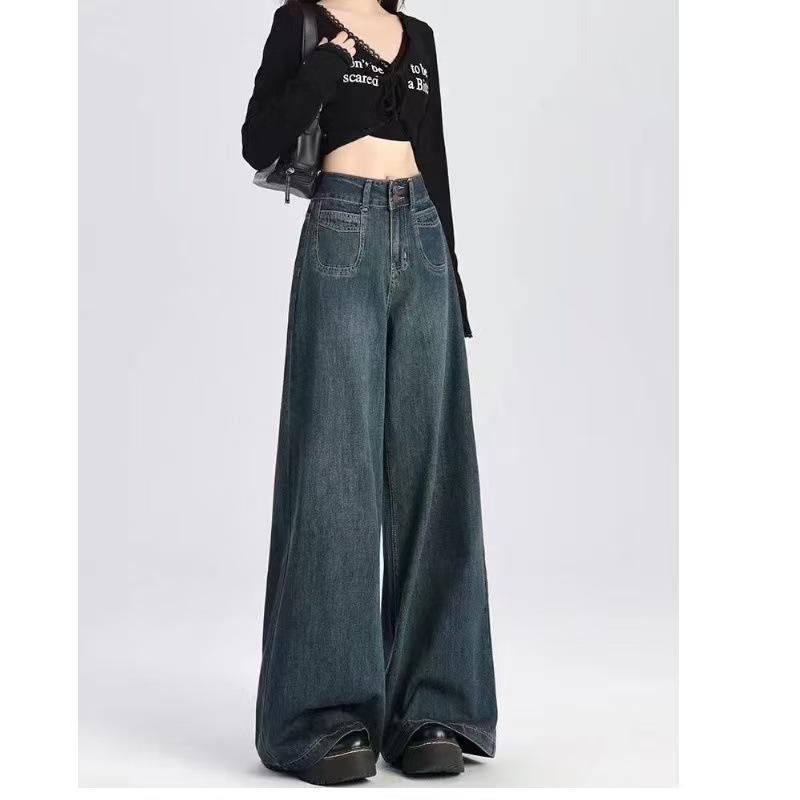 Women's High Waist Dark Blue Retro Wide Leg Jeans - Spring/Summer 2025 Collection - Slimming, Floor-Length, Loose Fit