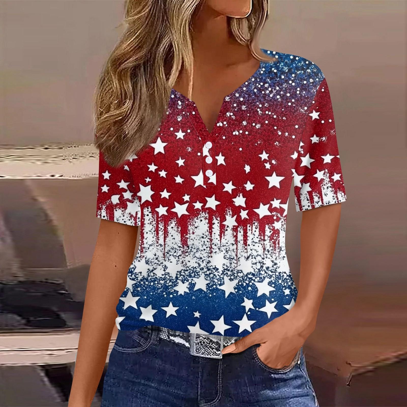 

Женская футболка с принтом «День независимости» на пуговицах с коротким рукавом, туника, повседневная мода на выходные, базовый топ с V-образным вырезом S винный