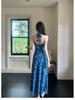 French Blue Floral Halter Maxi Dress for Women - Summer 2026 Petite Elegant Cinched-Waist Long Dress