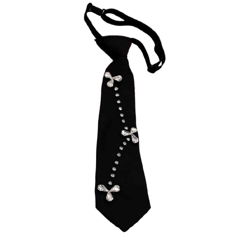 Rhinestones Embellished Necktie for Women Men Student Elegant Pre Tied Adjustable Black Ties for Uniform School Shirt