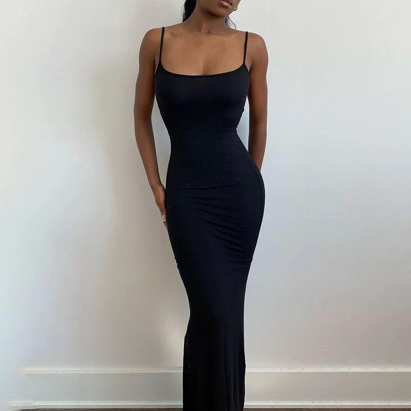European American SKIMS Solid Color Slimming Spaghetti Strap Mermaid Bodycon Dress
