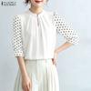 ZANZEA Women Casual Polka Dot Print Splice 3/4 Sleeve Loose Crew Neck Blouse