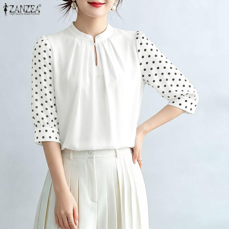 ZANZEA Women Casual Polka Dot Print Splice 3/4 Sleeve Loose Crew Neck Blouse
