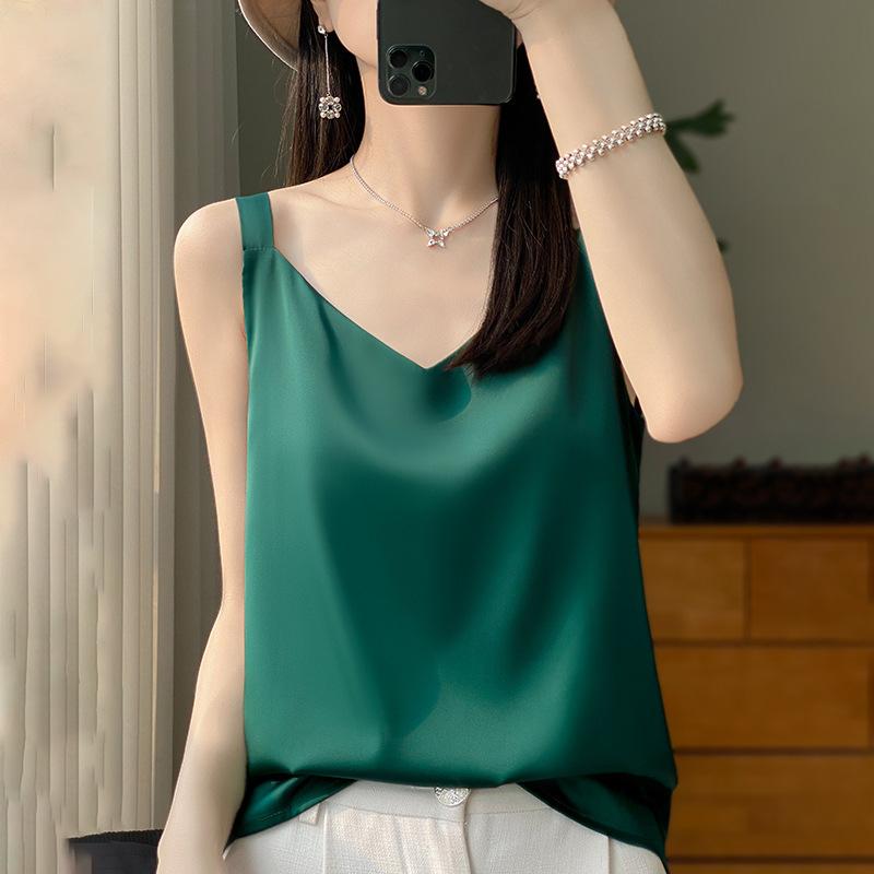 VEZFAA Women's Fashion Casual Solid Color Print Summer Spring Sleeveless V-Neck Blouses & Shirts