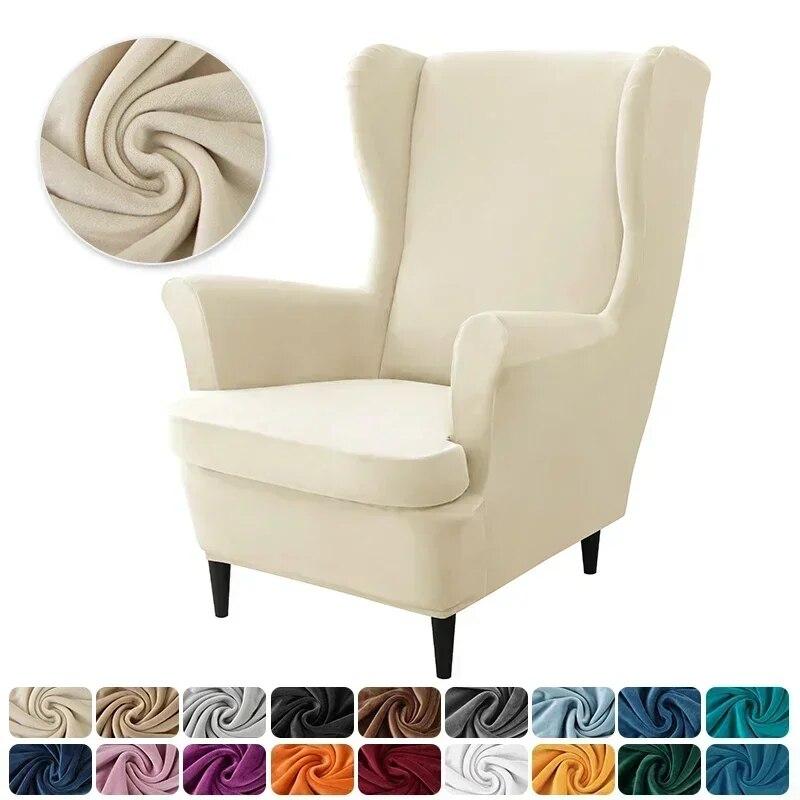 Velvet Wing Chair Cover Stretch All-inclusive Armchair Slipcover with Seat Cushion Covers Solid Color Single Sofa Protector Case
