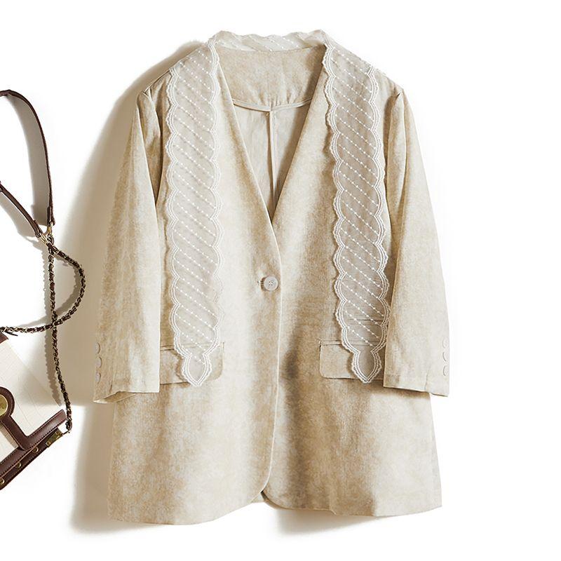 

Design Light Luxury Korean Style Outerwear! Women Ramie Cotton V-neck One Button Long Small Suit Outerwear Spring and Summer Get Neckerchief Free Light gray XL